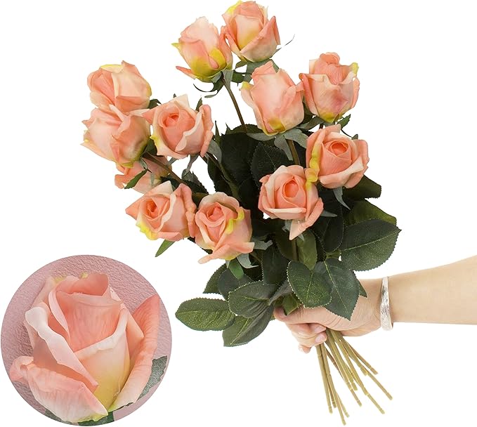 12pcs Half Opened Artificial Rose Buds,17 Inch Real Touch Silk Roses with Partially Opened Flowers, Artificial Flower for Home Décor Centerpiece Wedding Bouquet,Orange
