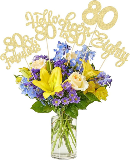 Gyufise 15Pcs 80th Birthday Centerpiece Sticks Eighty Happy 80th Table Flower Centerpieces Sticks Cheers to 80 Floral Decorations for 80th Birthday Party Centerpieces Supplies Gold