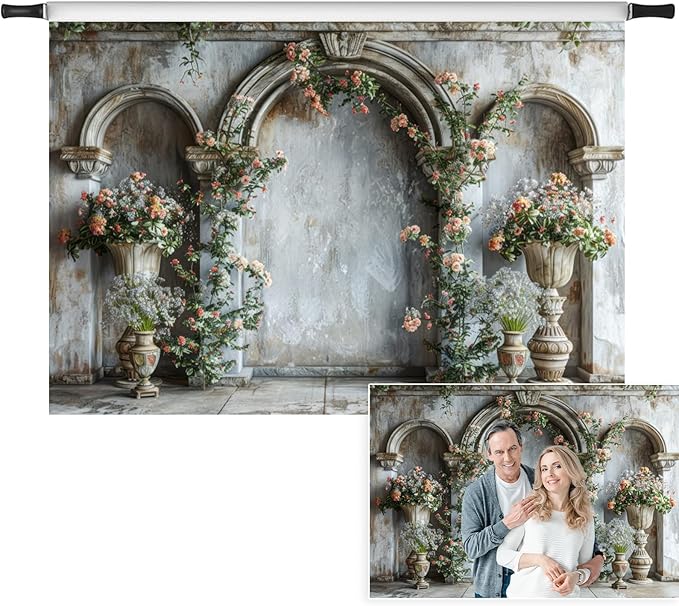 7x5ft Vintage Orange Wildflower Backdrop Old Medieval Palace Building Concrete Wall Photography Background for Wedding Valentines Day Bridal Shower Birthday Princess Couples Portraits