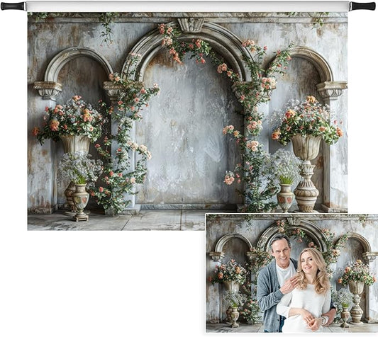 7x5ft Vintage Orange Wildflower Backdrop Old Medieval Palace Building Concrete Wall Photography Background for Wedding Valentines Day Bridal Shower Birthday Princess Couples Portraits