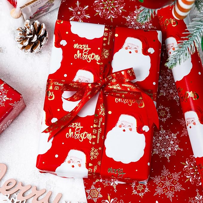 MAYPLUSS Red Christmas Wrapping Paper Roll - 17IN X 33FT - Santa Gift Wrapping Paper Featuring Santa Claus Gold Merry Christmas Reversible Snowflake for Kids, Holiday, New Year