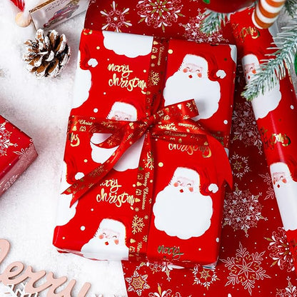 MAYPLUSS Red Christmas Wrapping Paper Roll - 17IN X 33FT - Santa Gift Wrapping Paper Featuring Santa Claus Gold Merry Christmas Reversible Snowflake for Kids, Holiday, New Year
