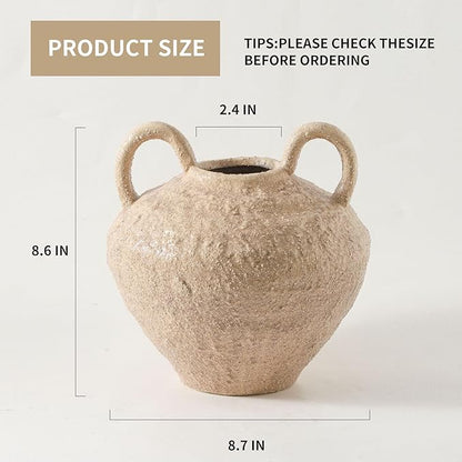 Ceramic Flower Vase, Large Farmhouse Vases Home Decor, Handmade Rustic Vase with Handles, Decorative Flower Vase for Home Entryway Living Room Dining Table Farmhouse Office Decor(8.6inch)