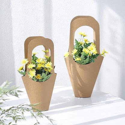 Lesnala 16Pcs Kraft Paper Flower Gift Bags with Handle Cone Shaped Bouquet Basket for Wedding Birthday Valentines Day Bar Shop Wrapping Supplies