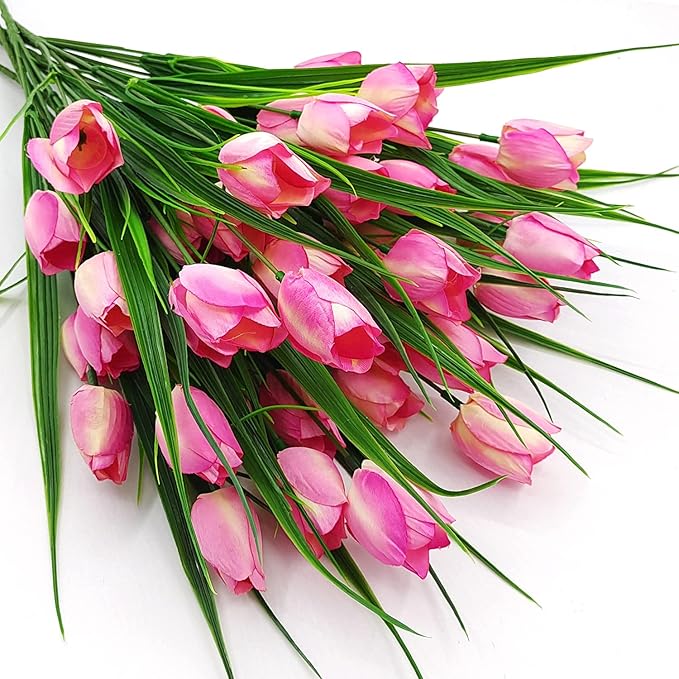 8 Bundles Outdoor Artificial Tulips Fake Flowers UV Resistant Faux Plastic Greenery Shrubs Plants for Home Outside Garden Porch Window Farmhouse Decor (Light Pink)