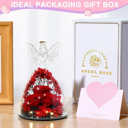Christmas Rose Gifts for Women Preserved Real Flower in Glass Angel Figurines Roses for Delivery Prime Birthday Gifts for Mom Grandma Girlfriend Wife Her, Crystal Red