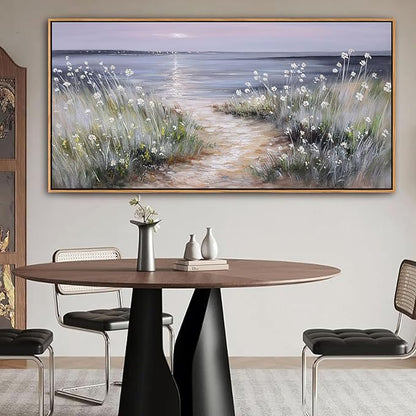 KLAKLA Bedroom Decor Wall Art Blue Beach Picture Ocean Theme Flower Canvas Print Modern Coastal Seascape Painting Framed Seaside Artwork Floral Daisy for Home Sea Lake Living Room 29x58 Inch