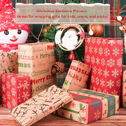Happypapa Christmas Wrapping Paper, Kraft Xmas Wrapping Paper Rolls - Snowflakes, Reindeer, Gift and Merry Christmas Pattern - 4 Rolls - 17 Inch × 120 Inch Per Roll