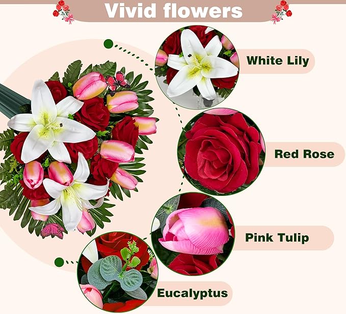 SUHOOKOO Artificial Cemetery Flowers for Outdoor Grave Decorations - Non-Bleed Colors, and Easy Fit - Pink Tulip，White Lily and Red Rose Bouquet