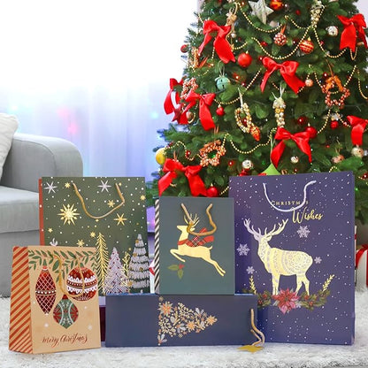 Smarimple Christmas Gift Bags 16 PCS Christmas Bags Bulk Assorted Sizes with Handles and 12 Sheet Tissue Papers 16 Holiday Designs 3 Jumbo 5 Large 6 Medium 2 Wine Bags for Xmas Holiday Present