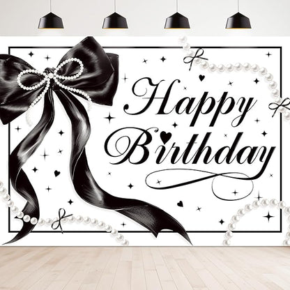 Black Bow Happy Birthday Banner Backdrop 7Wx5H Photography Black White Pearls Bowknot Balloons Girly Female Background Aesthetic Pretty Bday Party Decorations Banner Photo Booth Props Supplies