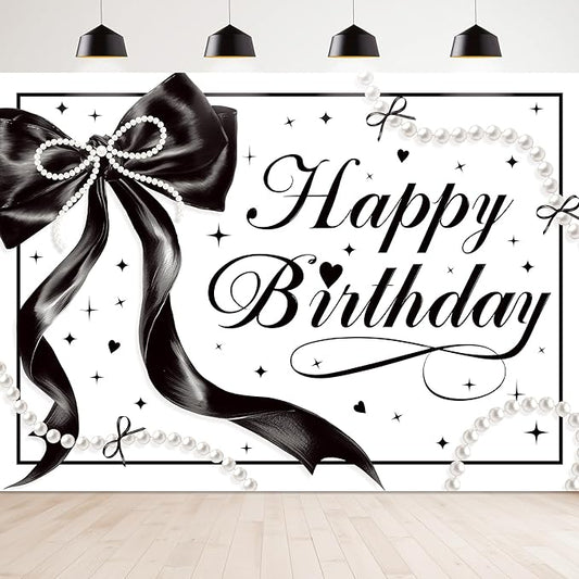 Black Bow Happy Birthday Banner Backdrop 7Wx5H Photography Black White Pearls Bowknot Balloons Girly Female Background Aesthetic Pretty Bday Party Decorations Banner Photo Booth Props Supplies