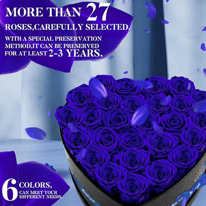 Preserved Rose in Heart Shape Box, 27 Forever Flowers, Eternal Roses, Birthday Gifts for Women, Wife, Her, Mother's Day, Blue