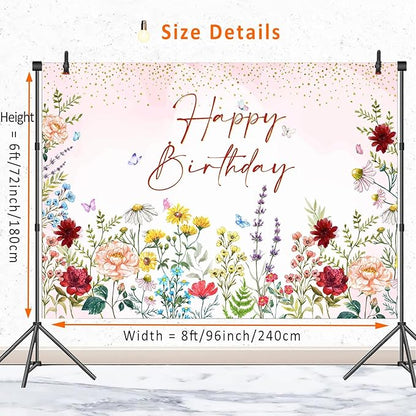 Wildflower Happy Birthday Backdrop Banner Girls Floral Birthday Decorations,Spring Watercolor Wildflower Bday Background Women Girls Wild Flowers Theme 1st Birthday Party Decor Photo Booth Props 8x6ft