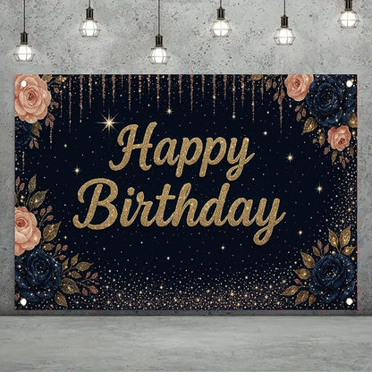 Happy Birthday Backdrop Banner Navy Blue Gold Glitter Rose Floral Birthday Party Decorations Photography Background Wedding Baby Shower Decor Booth Studio Props Supplies 71 x 43 Inch