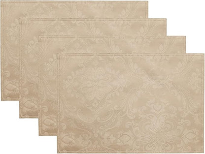 Elrene Home Fashions Caiden Elegance Damask Waterproof, Stain & Wrinkle Resistant Fabric Placemats (Set of 4), 13" x 19", Taupe