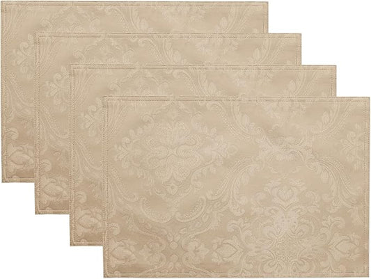 Elrene Home Fashions Caiden Elegance Damask Waterproof, Stain & Wrinkle Resistant Fabric Placemats (Set of 4), 13" x 19", Taupe