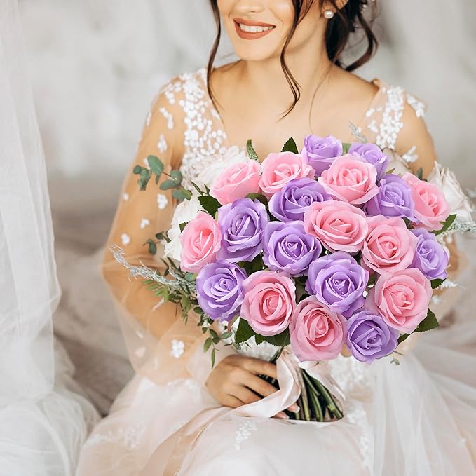 20PCS Artificial Roses with Long Stems - Realistic Silk Flowers, Fake Roses Real Touch Bouquet Roses for Home Decor, Bridal Wedding Table Centerpieces, Faux Rose Flowers (Pink Purple)