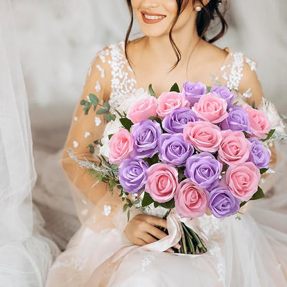 20PCS Artificial Roses with Long Stems - Realistic Silk Flowers, Fake Roses Real Touch Bouquet Roses for Home Decor, Bridal Wedding Table Centerpieces, Faux Rose Flowers (Pink Purple)