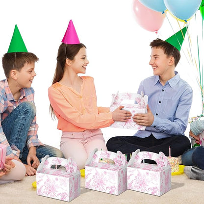 Dunzoom 24 Pack Pink Floral Paper Gift Boxes Party Favor Gift Gable Boxes with Chinoiserie Floral Printed Candy Treat Box for Wedding Birthday Tea Bridal Shower Party