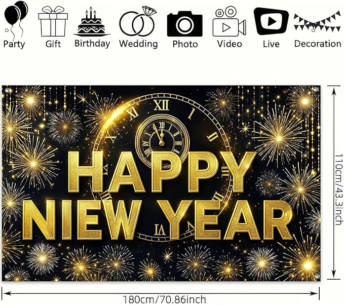 Happy New Year 2026 Banner 71x43 Inch Gold Clock Fireworks Party Backdrop Countdown Celebration Wall Decoration Holiday Photo Background for Indoor New Year Event Display
