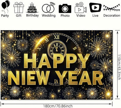 Happy New Year 2026 Banner 71x43 Inch Gold Clock Fireworks Party Backdrop Countdown Celebration Wall Decoration Holiday Photo Background for Indoor New Year Event Display