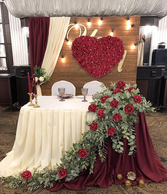 IPOPU 100PCS Burgundy Rose Artificial Flower Heads, 3in Real Looking Stemless Foam Roses Fake Flowers Bulk with Crystal for DIY Craft Wedding Bouquets Arrangements Party Home Decorations(Burgundy)