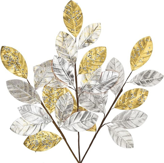 23.6” Christmas Tree Picks and Sprays 3Pcs Silver and Gold Artificial Magnolia Stems Magnolia Leaves Branches Fake Silver Leaf Floral for Vase DIY Xmas Tree Garland Wreath Centerpieces Wedding Decor