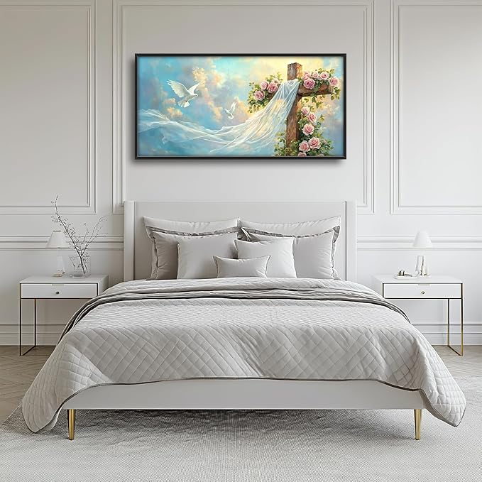 Christian Cross Large Wall Art Religious Faith Hope Pictures Wall Decor Dove Flowers Heaven Canvas Painting Prints Framed Artwork Home Church Decorations for Prayer Bedroom Living Room 60"x30"