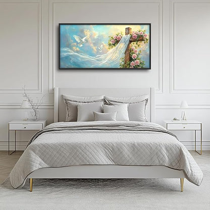 Christian Cross Large Wall Art Religious Faith Hope Pictures Wall Decor Dove Flowers Heaven Canvas Painting Prints Framed Artwork Home Church Decorations for Prayer Bedroom Living Room 60"x30"