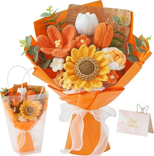 Cilimnas Crochet Flower Bouquet,Orange Knitted Flowers, Handmade Sunflowers Tulips Roses Bouquet for Birthday Anniversary Party Mother's Day Graduation Gifts