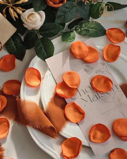 TINGE TIME Silk Flowers: 200pcs Rose Petals for Wedding, Decoration, Bridal Showers, Flower Girl Petals for Anniversaries & Parties (Burnt Orange)