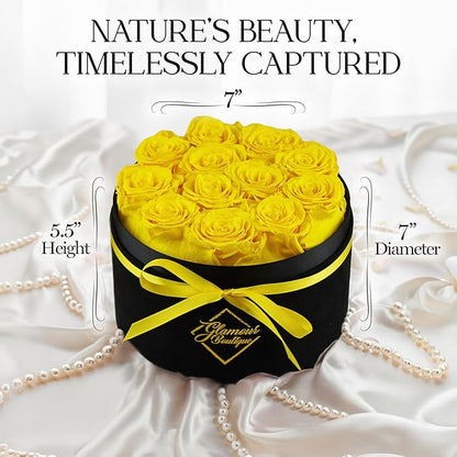 GLAMOUR BOUTIQUE Flowers Forever Gift Box 12 Real Preserved Roses in a Velvet Box, Birthday for Her Mom and Wife, Mothers Day, Anniversary, Graduation - Yellow