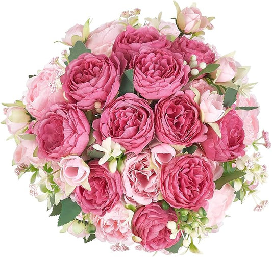 Mkono Peonies Artificial Flowers, Small Silk Flowers for Home Decor Indoor Fake Bouquet Faux Floral Arrangements Dining Table Centerpieces for Kitchen Bridal Wedding Party Decor Mixed Pink