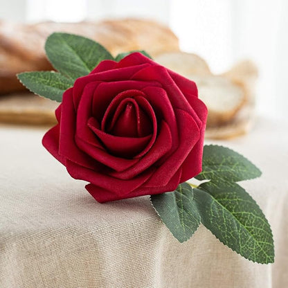 25pcs Artificial Flower Foam Rose Real Touch Roses Flower Heads with Stem for DIY Wedding Bouquets Centerpieces Arrangements Party Baby Shower Home Decor (Dark Red)