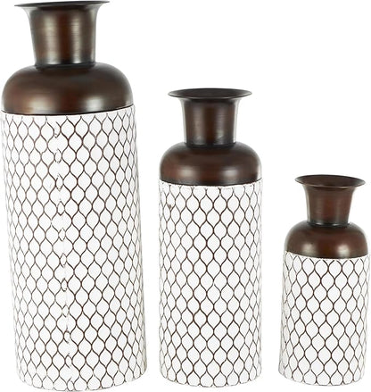 Deco 79 Metal Decorative Vase Tall Trellis Floor Centerpiece Vases with Brown Trumpet Tops, Set of 3 Flower Vases for Home Decoration 52", 39", 27" H, White