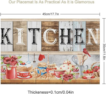 Farmhouse Vintage Kitchen Placemats Rustic Wood Plank Barn Door Retro Strawberry Utensils Knives and Forks Placemats Table Dining Party 12x18 Inch Set of 6
