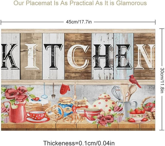 Farmhouse Vintage Kitchen Placemats Rustic Wood Plank Barn Door Retro Strawberry Utensils Knives and Forks Placemats Table Dining Party 12x18 Inch Set of 4