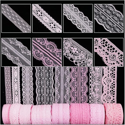 80 Yards Baby Pink Lace Trim Ribbon,8 Rolls Crochet Sewing Assorted Patterns Vintage Floral Lace Ribbons for Sewing DIY,Gift Wrap,Scrapbooking, Bridal Shower Wedding Decor, 10 Yards Each Roll
