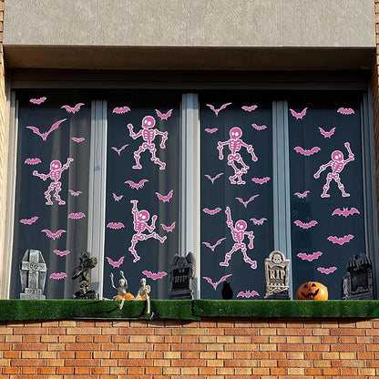 Halloween Wall Decals and Skeleton Window Clings - 6 Sheets 43 Pcs Removable Pink Ghost Bat Wall Stickers for Mirrors, Windows, Home Bedroom Party Decor