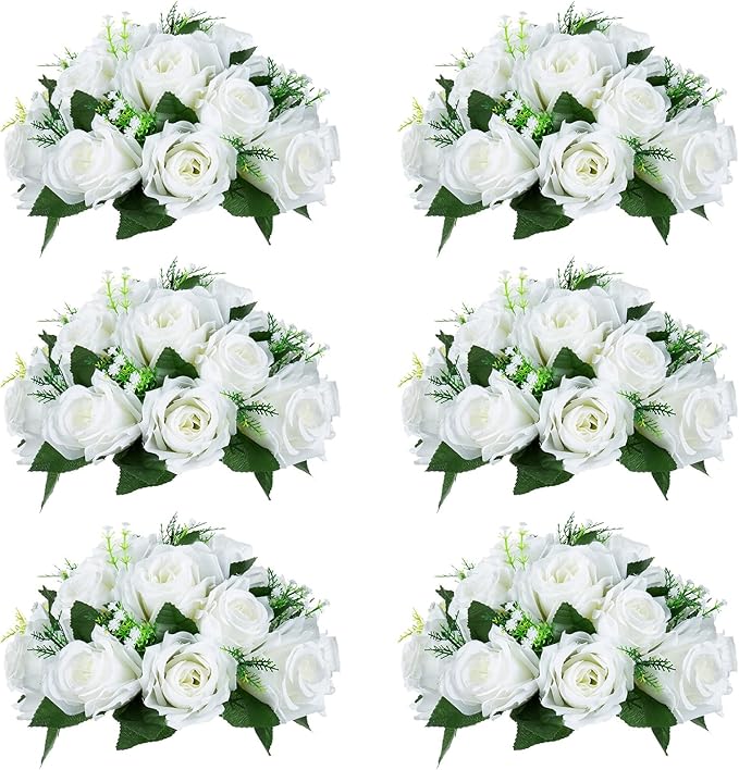 NUPTIO White Flower Centerpieces for Tables: 6 Pcs Artificial Flower Ball Arrangement for Wedding Party - 9.5 Inch Diameter Fake Floral Rose for Bridal Shower Decorations