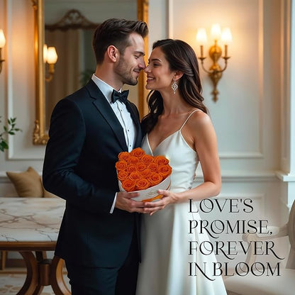 GLAMOUR BOUTIQUE Preserved Roses in a Box - Gifts for Her, Wife & Mom, Rose Flowers Forever Decor for Birthday Gift, Get Well Flower Bouquet Cased in White Box with Cover - Orange - 16-Piece
