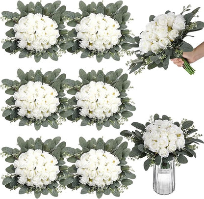 Zeyune 12 Pack Wedding Bridesmaids Bouquets 7 Inch Artificial Rose Bouquets Silk Flowers with Stems Fake Floral Bundles Bulk for Wedding Bridal Shower Party Centerpieces Home Decor(White)