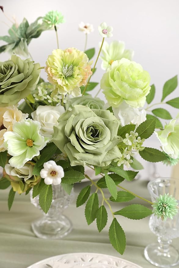 Artificial Flowers Roses Fake Flowers with Stems Green Artificial Flowers for DIY Bridal Bouquets Faux Flowers Centerpieces for Table Home Decor