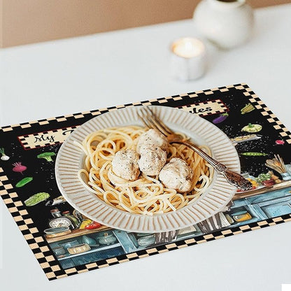 Gourmet Chef Placemats Vintage Rustic Plaid Cutlery Knives Cooking Vegetables Fruits Kitchen Utensils ation Placemats Table Kitchen Dining Party 12x18 Inch Set of 4