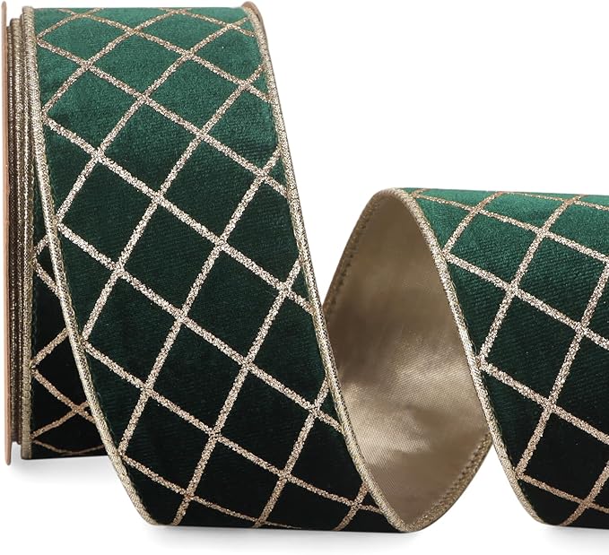 Ribbli Forest Green Velvet Ribbon Wired with Glitter Diamond Grid 2-1/2 Inch Christmas Ribbon for Christmas Tree Decoration Big Bow Gift Wrapping Crafts Wreaths Garland Supplies - 10 Yards