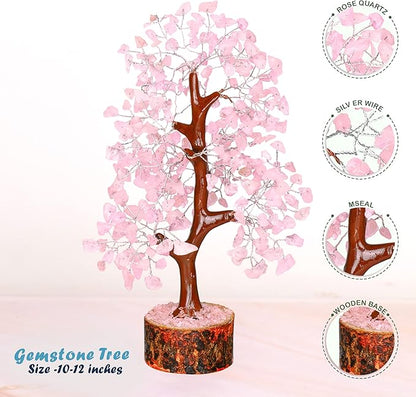 YATHABI Rose Quartz Tree - Pink Crystal Desk Decor - Feng Shui Gemstone Bonsai - Spiritual Gift for Positive Energy