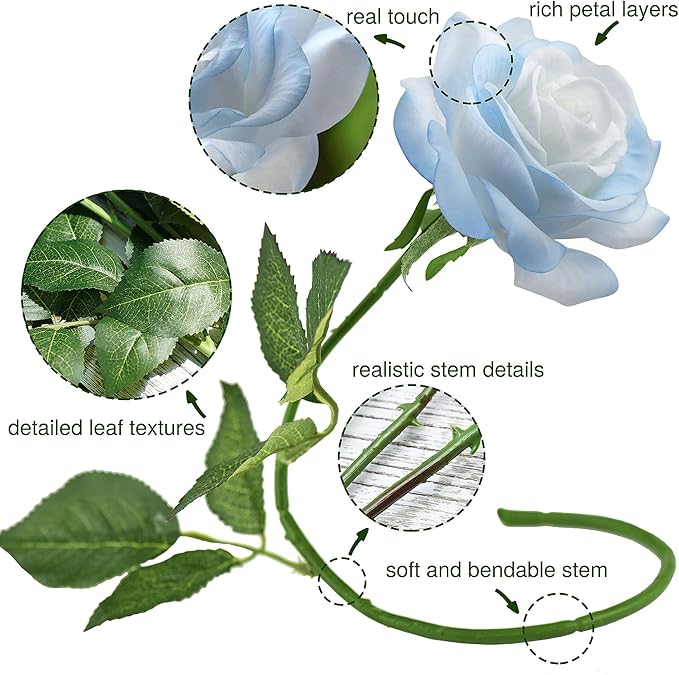 FiveSeasonStuff 12 Stems Artic ICY Blue Artificial Flowers Real Touch Silk Roses for Wedding Decoration, Packed in Gift Box