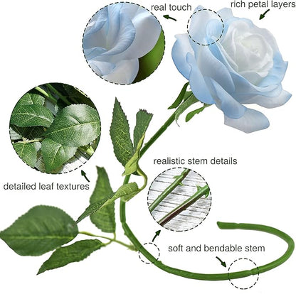 FiveSeasonStuff 12 Stems Artic ICY Blue Artificial Flowers Real Touch Silk Roses for Wedding Decoration, Packed in Gift Box