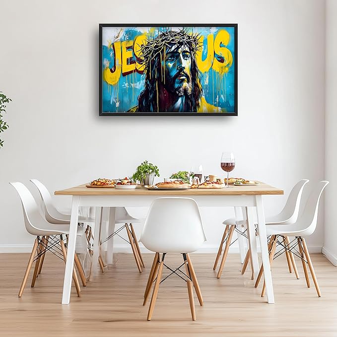 Banksy Jesus Large Wall Art Graffiti Framed Wall Decor for Living Room Pop Street Pictures Oversized Canvas Print Painting Modern Extra Large Framed Artwork for Bedroom Office 36"x24"